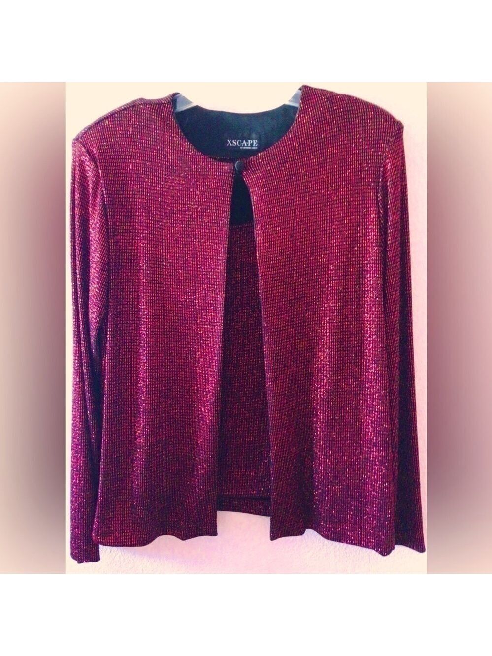 Xscape red black sparkle cami and cardigan size Large EUC